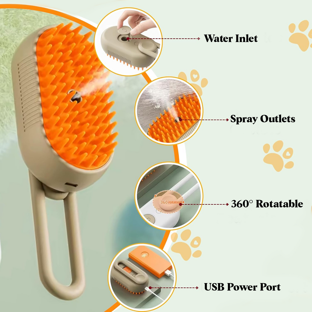 Petbabas Grooming Brush Comb For Remove Loose Hair Rechargeable Steamy Brush