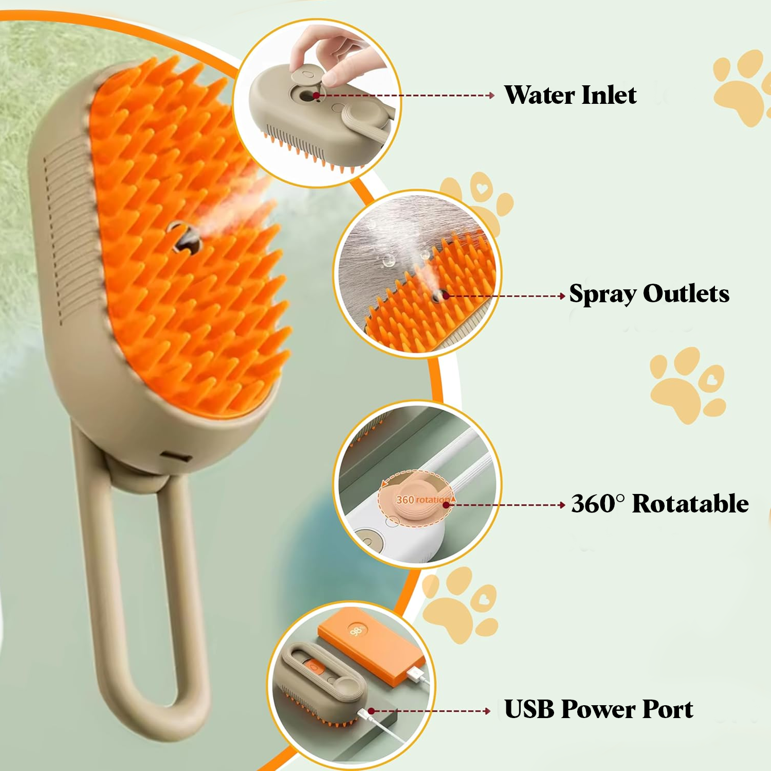 Petbabas Grooming Brush Comb For Remove Loose Hair Rechargeable Steamy Brush